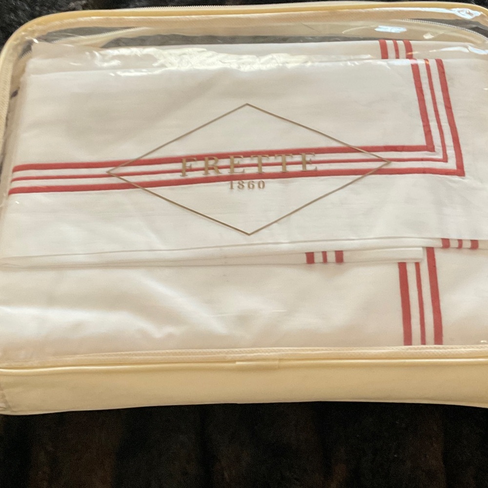 NEW FRETTE WHITE SHEET SET RED EMBROIDERY STRIPES TRIPLO POPELINE